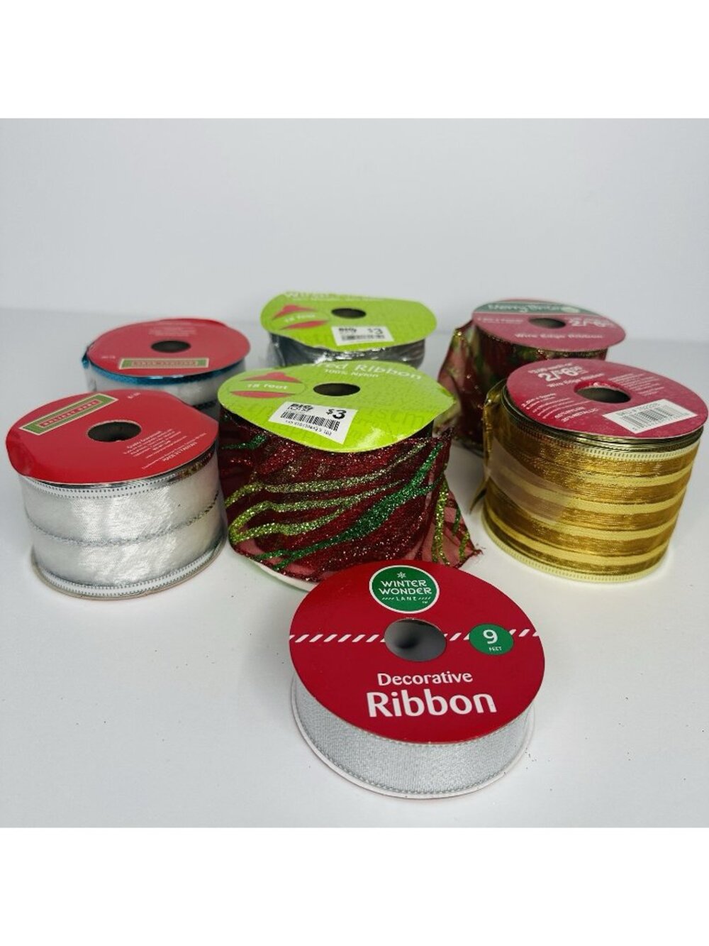 Holiday Christmas Ribbon Lot of 7 Red Gold Silver Blue Sparkling Crafts Decor